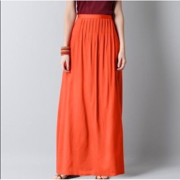Ann Taylor Loft Pleated Long Maxi Skirt Orange Size 4 Lined - Picture 1 of 16